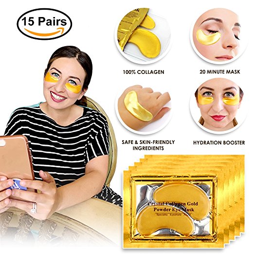 SIESTA Gold 15 Pack HydroGel Eye Collagen Chilled Eye Mask Best Reduce Puffiness, Dark Circles, Moisturizing and Firming, Hyaluronic Improves Eye Bags