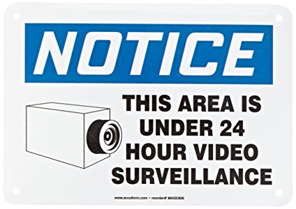 Accuform Signs MASE806VA Aluminum Safety Sign, Legend "NOTICE THIS AREA IS UNDER 24 HOUR VIDEO SURVEILLANCE" with Graphic, 7" Length x 10" Width x 0.040" Thickness, Blue/Black on White