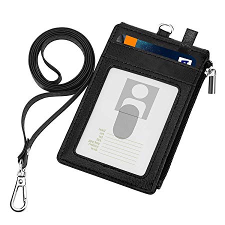 ID Badge Holder with Zipper & Neck Lanyard, Eilmoons Slim Double Sided PU Leather Card Holder with Windows & 5 Card Slots, Wallet Pocket with 1 Detachable PU Neck Strap