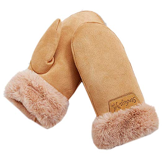 Women's Faux Leather Sherpa Lined Fur Cuff Winter Gloves,Mittens Warm with Neck Long Rope Windproof Mittens