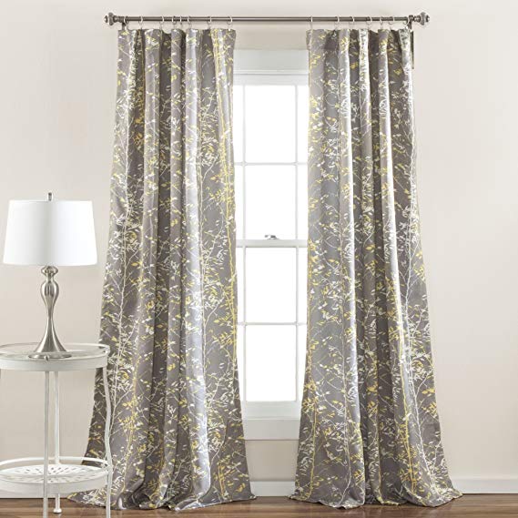 Lush Decor Forest Curtains - Tree Branch Leaf Darkening Window Panel Set for Living, Dining, Bedroom (Pair), 84" x 52", Yellow and Gray
