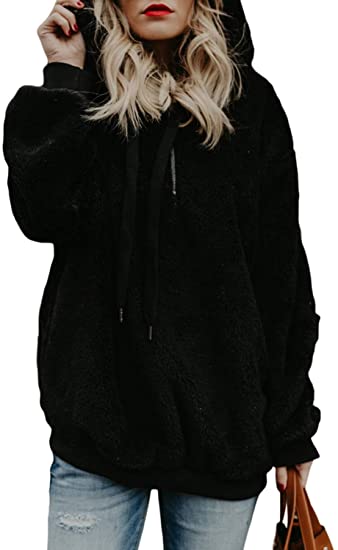 Dokotoo Womens Fuzzy Casual Loose Sweatshirt Hooded with Pockets Outwear S-XXL