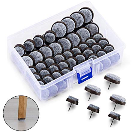 Shintop 64 Pieces Furniture Pad Nails，Brown Nail-on Anti-Sliding Felt Pad Floor Protectors with Storage Box for Wooden Furniture Chair and Table Leg Feet