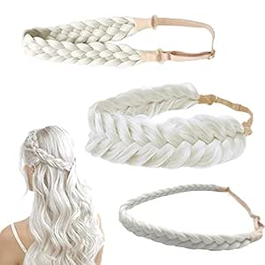 Hann 3 Pieces 5 Strands Synthetic Hair Braided Headband Classic Chunky Wide Plaited Braids Elastic Stretch Hair Piece Women Girl Beauty accessory (Light White)