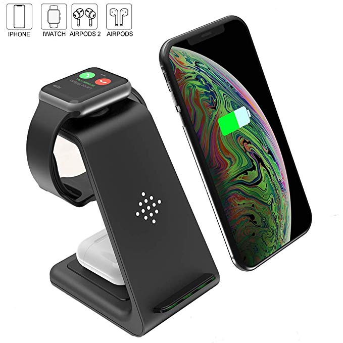 Charger Stand, Premium 3 in 1 Wireless Charging Station for Apple Watch 5/4/3/2/1 Upgrade Qi-Certified Fast Wireless Charger Compatible with AirPods 2/Pro and iPhone 11/Xs/X Max/XR/X/8/8Plus-Black