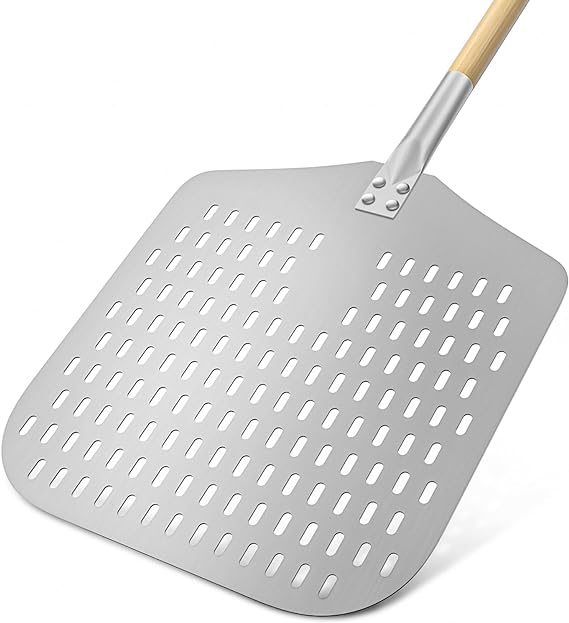 G.a HOMEFAVOR Perforated Pizza Peel - Long Wooden Handle Pizza Paddle - Professional Nonstick Aluminum Metal Pizza Peel - Lightweight Pizza Peel for Pizza Oven Accessories - Silver - 12 x 13 Inch