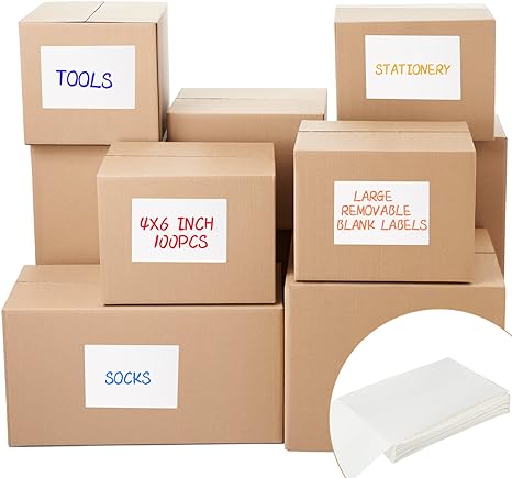 Large Removable Labels for Storage Bins, 4 x 6 Blank Labels Stickers Thermal Direct Shipping Labels, Water/Oil/Tear Resistant No Residue for Kitchen Storage Bins, Home Moving Packing Box (100 Pcs)