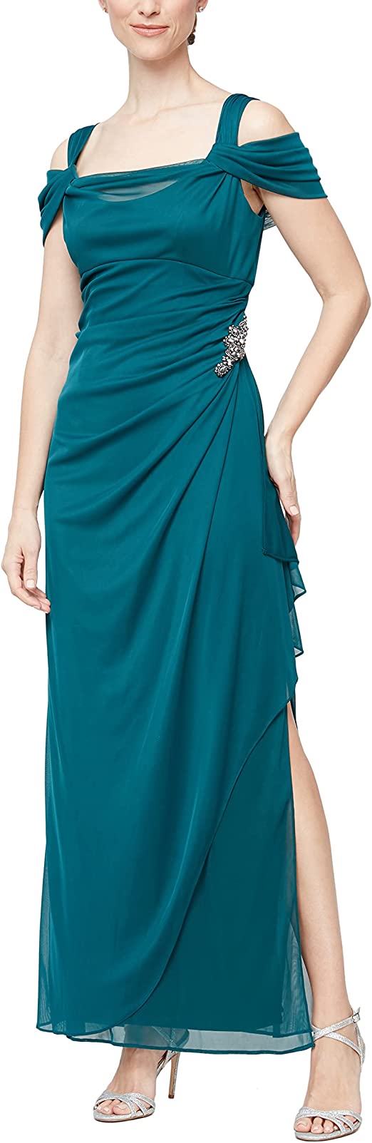 Alex Evenings Women's Long Cold Shoulder Dress (Petite and Regular Sizes)