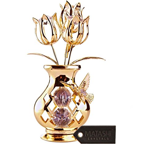 24K Gold Plated Crystal Studded Flower Ornament in a Vase with Decorative Hummingbird by Matashi (Clear Crystals)