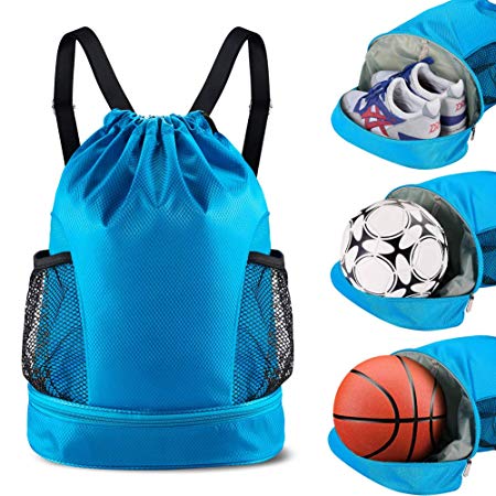 SKL Drawstring Bag Backpack with Ball Shoe Compartment Sport Gym Sackpack String Bag for Men Women Soccer Basketball