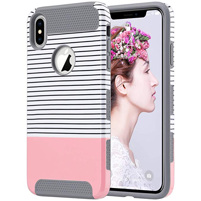 ULAK iPhone Xs Max Case, Slim Shockproof Protective Hybrid Scratch Resistant Hard Back Cover Shock Absorbent TPU Bumper Case for iPhone Xs Max 2018, Grey Rose Gold Stripes