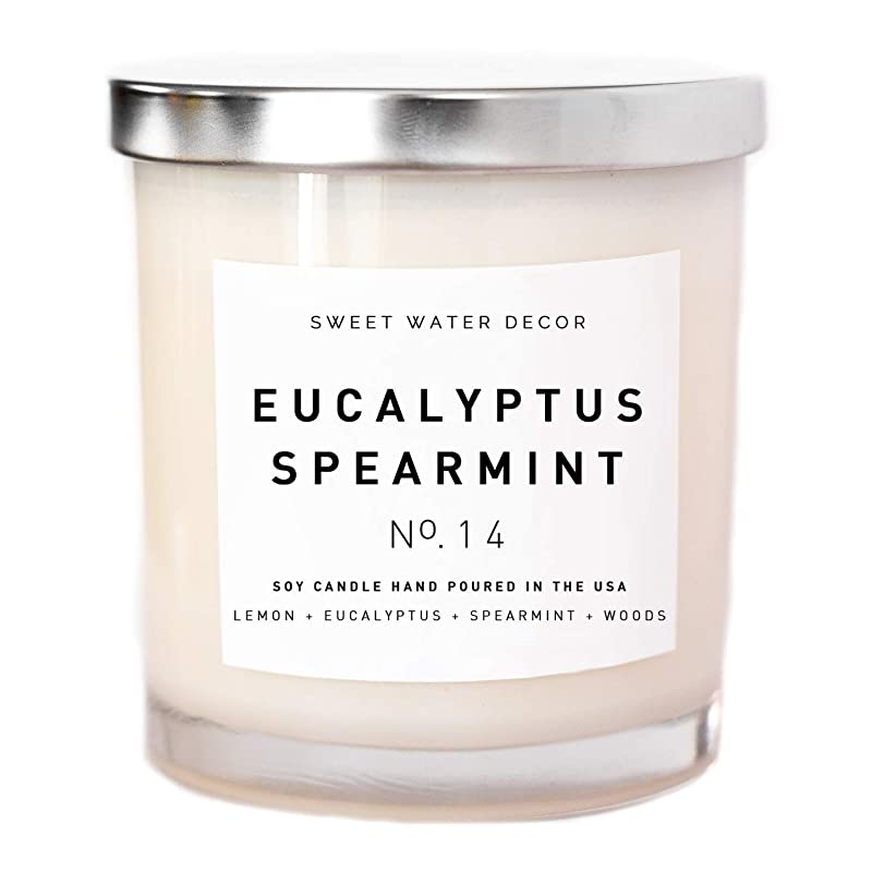 Sweet Water Decor Eucalyptus Spearmint Natural Soy Wax Candle Glass Jar Scented Lemon Orange Lavender Candle Spearmint Sage Woods Spa Candles Stress Relief Candle Aromatherapy Candle Eucalyptus Candle