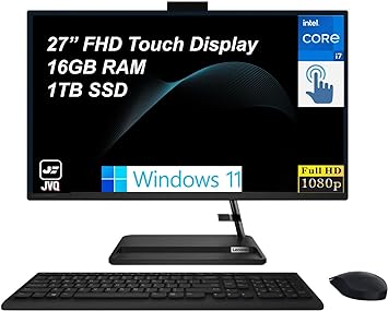 Lenovo IdeaCentre 3 All-in-One Desktop, 27" FHD Touchscreen Display, 13th Intel Core i7-13620H, 16GB RAM, 1TB SSD, Webcam, HDMI, Wireless Mouse & Keyboard, Wi-Fi 6, Windows 11 Home, JVQ MP