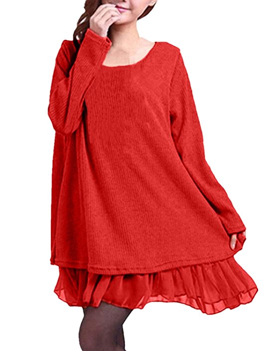 ZANZEA Women Lace Hem Long Sleeve Round Neck Doll Flare Maxi Mini Dress