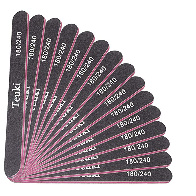 Professional Nail File 180 240 Grit Double Sided Black Washable Nail Files, Teuki Fingernail Files Emery Emory Boards for Nails, 15pcs/set, Black-red