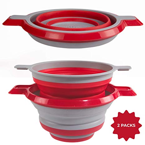 Kitchen Maestro Collapsible Hands-Free Silicone Colander/Strainer 1.75 Quart Capacity | BPA-Free & Dishwasher Safe | Red