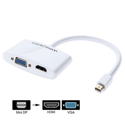 CableDeconn White Multi-Function Thunderbolt Mini DisplayPort DP to HDMI VGA Converter Adapter Cable (CompatibleThunderbolt) for Apple Macbook Air Pro Microsoft Surface Pro PC