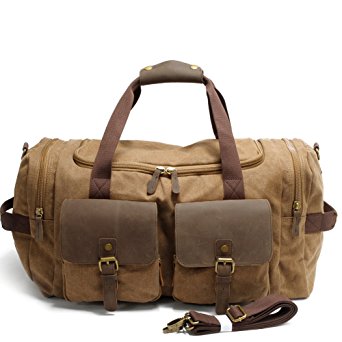 Canvas Duffle Bag Oversized Genuine Leather Trim Weekend Bags for Men and Women Unisex