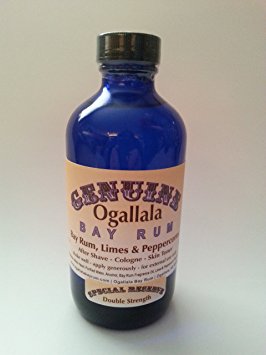 8 oz Genuine Ogallala Bay Rum, Limes & Peppercorns. Old-time looking bottle and label.