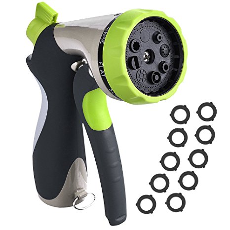 VicTsing Garden Hose Nozzle Spray Nozzle, Metal Water Nozzle with 10 Washers, Heavy Duty 8 Adjustable Watering Patterns - Slip Resistant - for Watering Plants, Cleaning, Car Wash and Showering Pets