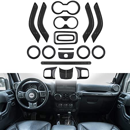 Opall 18PCS Full Set Interior Decoration Trim Kit Steering Wheel & Center Console Air Outlet Trim, Door Handle Cover Inner For Jeep Wrangler 2011-2017 2 Door &4 Door (Carbon Fiber 18PCS)