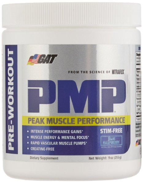 GAT PMP (Peak Muscle Performance), Next Generation Pre Workout Powder for Intense Performance Gains, Stimulant Free Blue Raspberry, 30 Servings