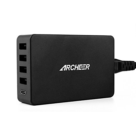 ARCHEER 5 Ports USB & USB C Desktop Charging Station [Quick Charge 3.0] Wall Charger for Samsung Galaxy S7/S6/Edge, LG G5, iPhone, iPad, Nexus 6P, Tablets and other USB Powered Mobile Devices-Black