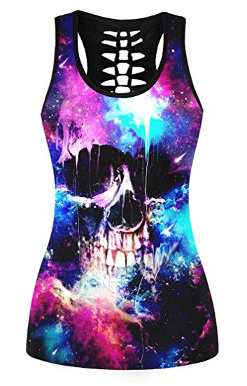FISACE Women's Skull Print Hollow Out T-Shirt Crew Neck Sleeveless Plus Size Tank Top