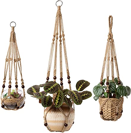 Mkono 3 Pack Macrame Plant Hangers Indoor Hanging Planter Basket Flower Pot Holder with Beads No Tassels 23"/29"/35", Brown