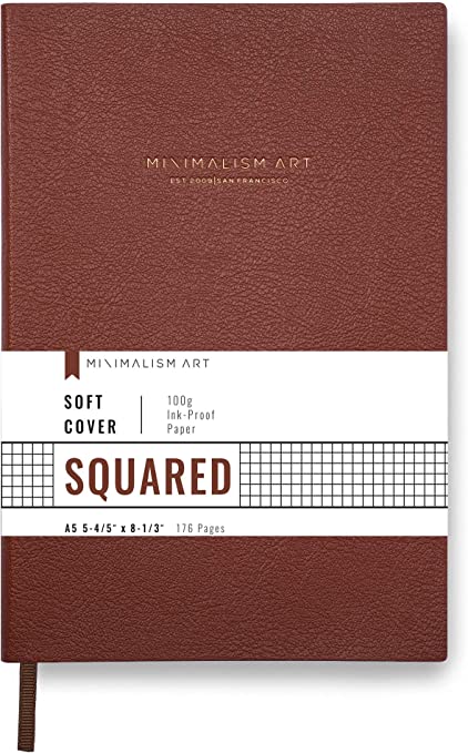 Minimalism Art, Classic Soft Cover Notebook Journal, Medium Size, A5 5.8" x 8.3", 176 Pages, Premium Thick Paper 100gsm, Fine PU Leather, Ribbon Bookmark, San Francisco (Squared, Brown)