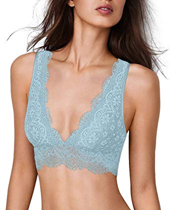 YIANNA Lace Bralette, Women's Deep V Neck Unpadded Lace Long Line Plunge Bralette Bra