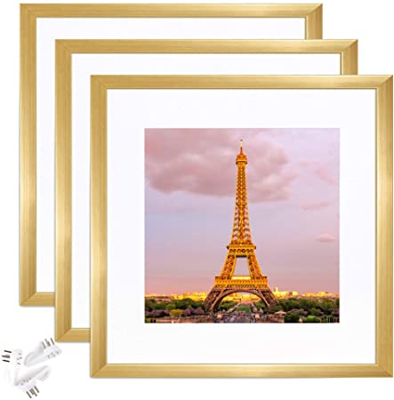 upsimples 8x8 Picture Frame Set of 3,Display Pictures 5x5 with Mat or 8x8 Without Mat,Multi Photo Frames Collage for Wall,Gold