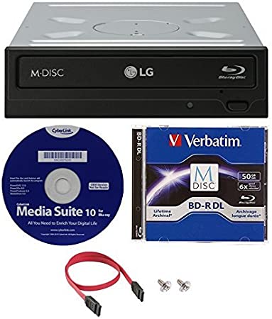 LG WH16NS40K 16X Blu-ray BDXL M-DISC DVD CD Internal Writer Drive Bundle with Free 50GB Verbatim M-Disc BD-R DL   Cyberlink Media Suite 10   SATA Cable