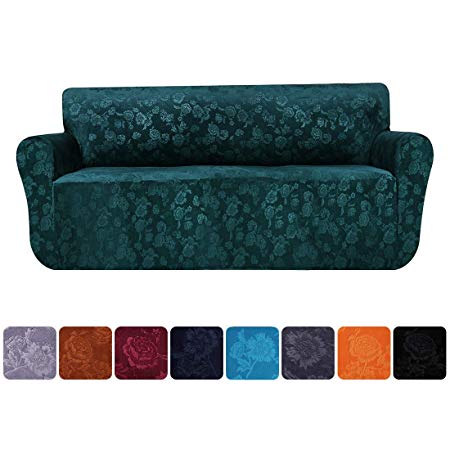 Smiry Velvet Stretch Sofa Cover Soft Non Slip Furniture Protector, 1 Piece Spandex Embossing Flower Couch Sofa Slipcover (Sofa, Dark Green)
