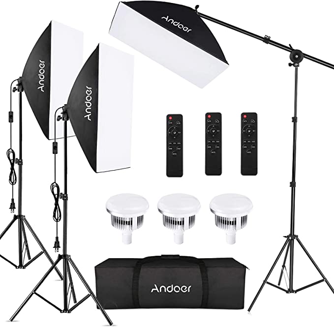Andoer Softbox Photography Lighting Kit Professional Studio Equipment with 20"x28" Softbox, 2800-5700K 85W Bi-color Temperature Bulb with Remote, Light Stand, Boom Arm for Portrait Product Shooting