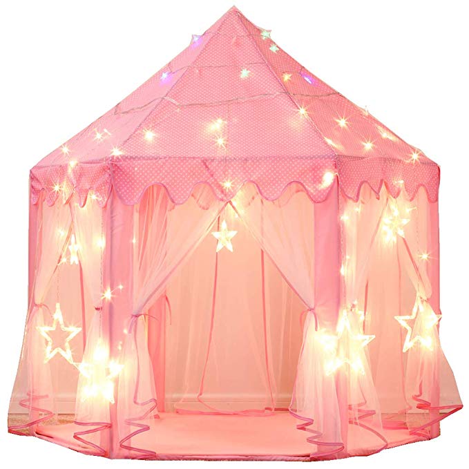 MonoBeach Princess Castle Play Tent Kids Play House with Star Lights Girls Pink Play Tents Toy for Indoor & Outdoor Games