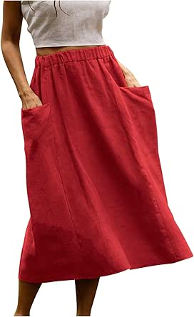 Cotton Linen Skirt for Women, Elastic Waist Loose Fit Midi Skirts, Solid Color Casual Comfy Skirt with Pockets