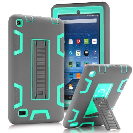 TOPSKY Fire 7" (2015 release) Case,[Kickstand Feature],Shock-Absorption / High Impact Resistant Heavy Duty Armor Defender Case For Amazon Fire 7 Inch Tablet,with Stylus, Grey/Green