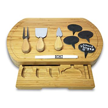 All-in-one Bamboo Cheese Board Set With A Slide Out Tray. Our Wood Cutting Board Comes With A Set Of 3 Cheese Slicer Knives, 4 Natural Slate Cheese Labels to Mark The Cheese and a Liquid Chalk Pen.