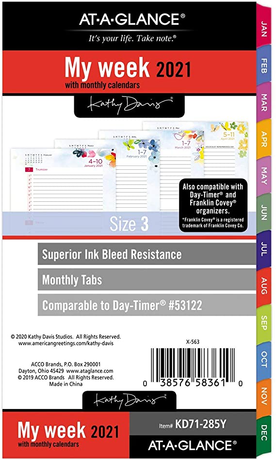 2021 Weekly & Monthly Planner Refill by AT-A-GLANCE, 531221901 Day-Timer, 3-3/4" x 6-3/4", Size 3, Kathy Davis (KD71-285Y-21)