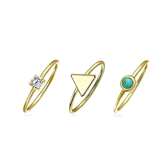 3 Set Geometric Compressed Turquoise CZ 14K Gold Plated Sterling Silver Midi Knuckle Stackable Ring 1MM Band For Teen