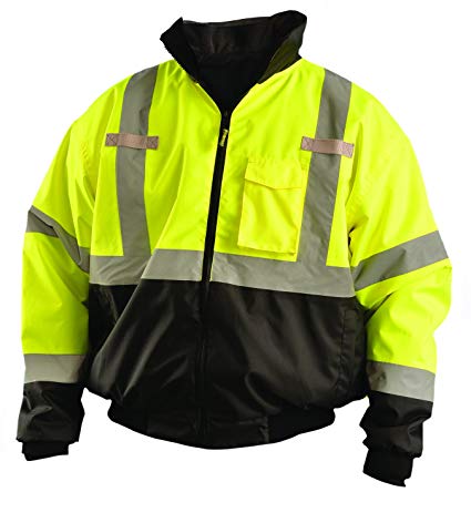 OccuNomix LUX-ETJBJR-BYXL High Visibility 3-in-1 Fleece Lined Black Bottom Bomber Jacket with Roll-Away Hood, Removable Lining and 6 Pockets, Class 3, 100% ANSI Polyester, X-Large, Yellow
