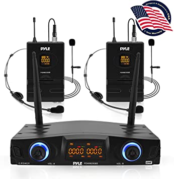 Compact UHF Wireless Microphone System - Pro Portable Dual Channel Desktop Digital Mic Receiver Set w/ 2 Belt-Pack Transmitter, Receiver, 2 Headset, Lavalier Mics, XLR, for Home, PA - Pyle PDWM2958B