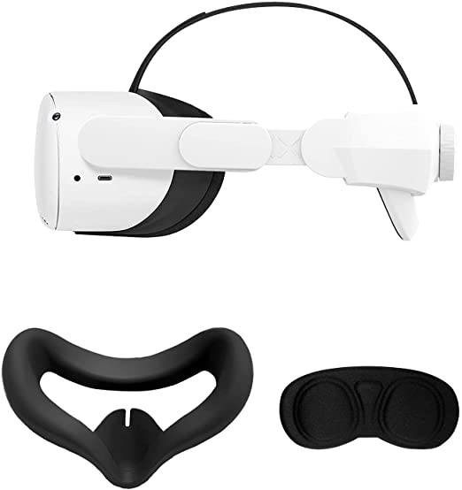 DESTEK Elite Strap Compatible for Oculus Quest 2, Adjust Head Strap with Silicone Face Cover, Lens Cover Replacement Accessories for Oculus, Comfort Support Using VR - 3 in 1