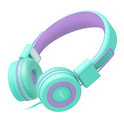 Elecder i37 Kids Headphones for Children, Girls, Boys, Teens, Adults, Foldable Adjustable On Ear Headsets with 3.5mm Jack for iPad Cellphones Computer MP3/4 Kindle Airplane School, Green/Purple