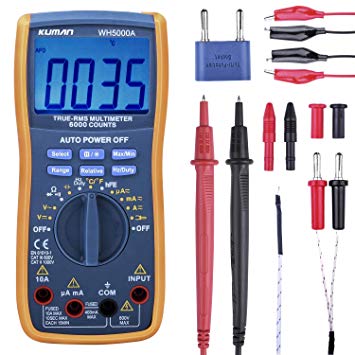 kuman Multimeter, TRMS 6000 Counts Auto Ranging Digital Voltmeter Ohmmeter, Measures Voltage, Current, Resistance, Continuity, Capacitance, Frequency, Test Diodes, Transistors, Temperature WH5000A