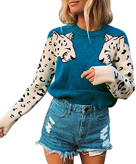 Angashion Women's Sweaters Casual Leopard Printed Patchwork Long Sleeves Knitted Pullover Cropped Sweater Tops