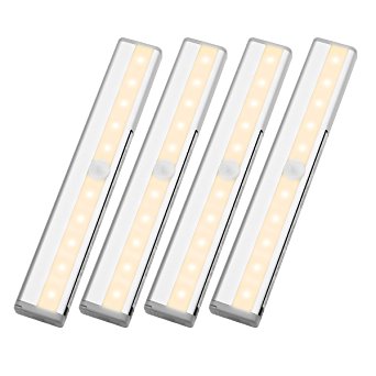 LE LED Closet Light, 10-leds Motion Sensing Under Cabinet Lighting, Wireless Stick-on Anywhere Stair Lights, LED Light Bar with Magnetic Strip, Battery Operated, 3000K Warm White, 4 Pack