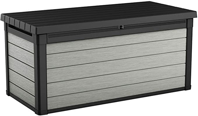 Keter Denali 150 Gallon Resin Large Deck Box - Organization and Storage for Patio Furniture, Outdoor Cushions, Garden Tools and Pool Toys, Grey & Black