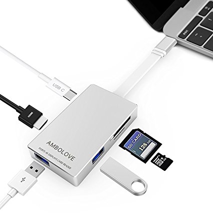 USB C Hub,Multiport USB Adapter with Charging Pass Through Port,HDMI 4K Output Port, 2 USB 3.0 Ports, SD & MicroSD Card Reader,Portable Type C Hub for MacBook Pro 2016/2017 and More Type-C Devices